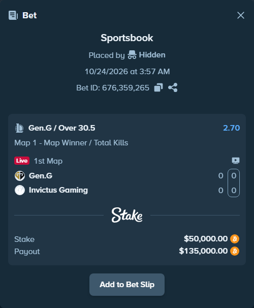 Bet slip: Gen.G - Invictus Gaming, $49,824.15 stake at 2.70 odds, placed by Hidden