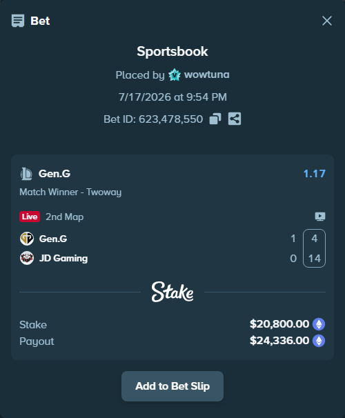 Bet slip: Gen.G - JD Gaming, $21,546.84 stake at 1.17 odds, placed by wowtuna