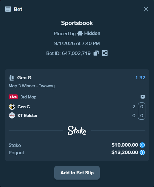 Bet slip: Gen.G - KT Rolster, $10,000.00 stake at 1.32 odds, placed by Hidden