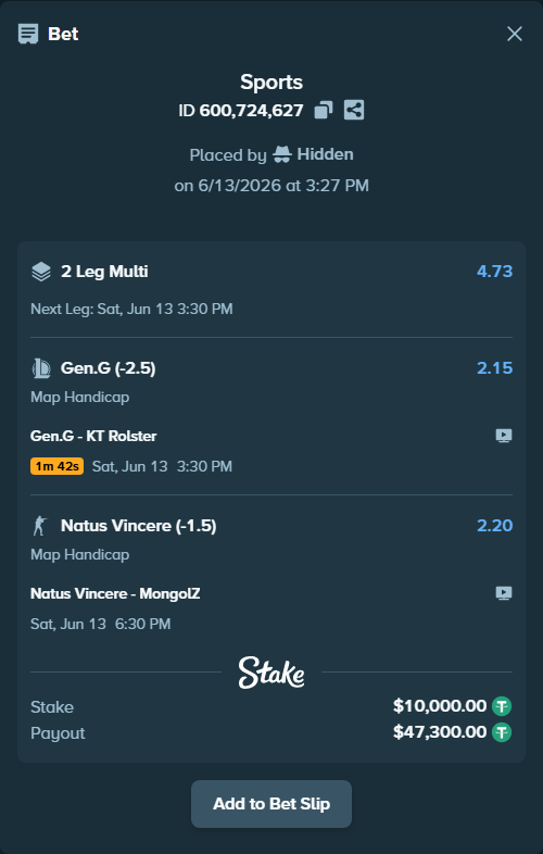 Bet slip: Gen.G - KT Rolster, $10,010.00 stake at 2.15 odds, placed by Hidden