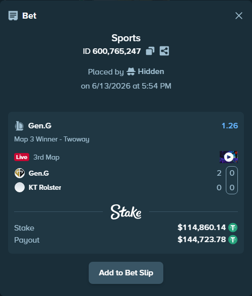 Bet slip: Gen.G - KT Rolster, $114,975.00 stake at 1.26 odds, placed by Hidden