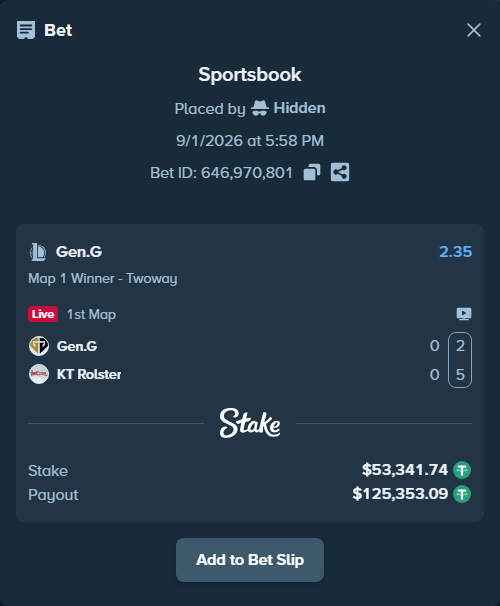 Bet slip: Gen.G - KT Rolster, $53,341.74 stake at 2.35 odds, placed by Hidden