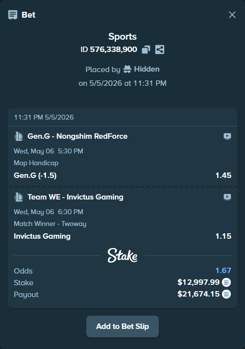 Bet slip: Gen.G - Nongshim RedForce, $11,152.00 stake at 1.45 odds, placed by Hidden