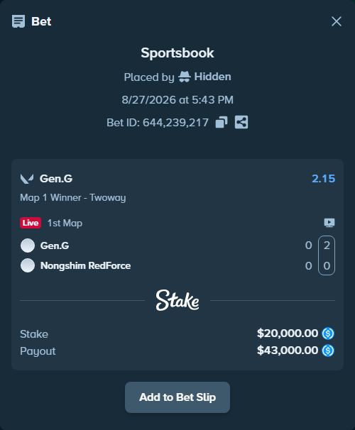 Bet slip: Gen.G - Nongshim RedForce, $20,000.00 stake at 2.15 odds, placed by Hidden