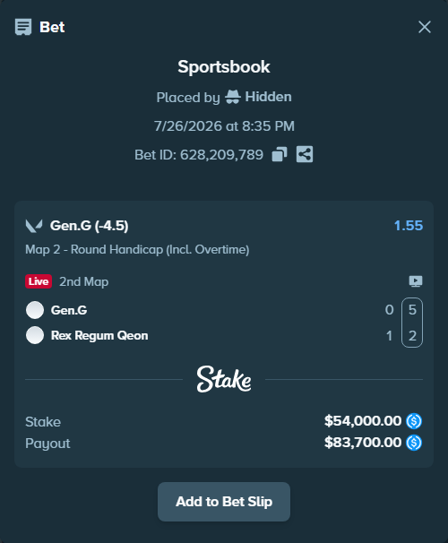 Bet slip: Gen.G - Rex Regum Qeon, $54,000.00 stake at 1.55 odds, placed by Hidden
