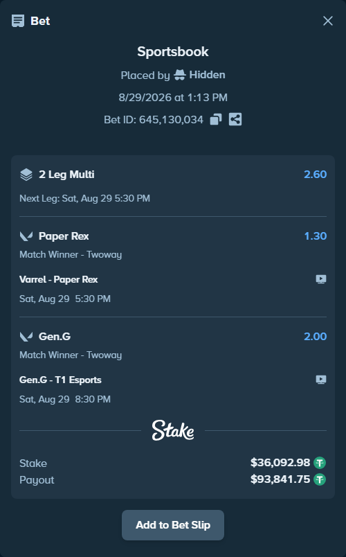 Bet slip: Gen.G - T1 Esports, $36,092.98 stake at 2.00 odds, placed by Hidden