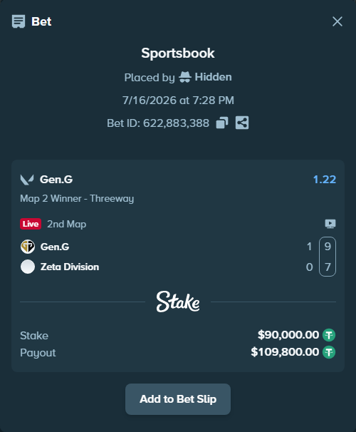 Bet slip: Gen.G - Zeta Division, $90,090.00 stake at 1.22 odds, placed by Hidden