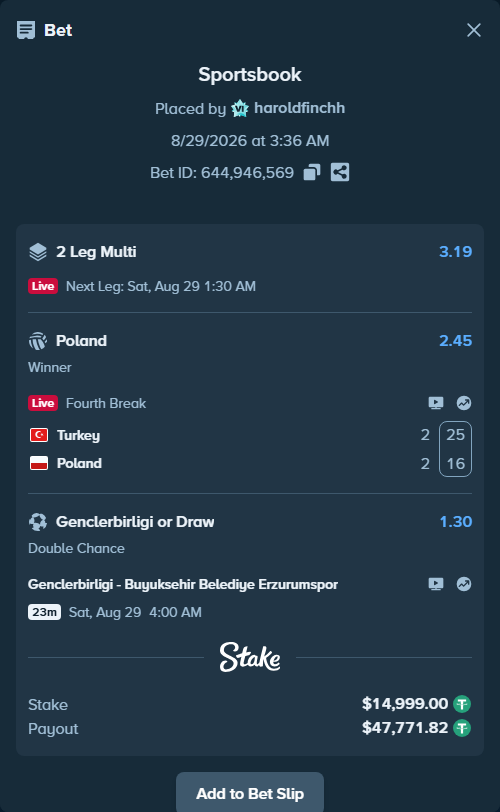 Bet slip: Genclerbirligi - Erzurumspor FK, $14,999.00 stake at 1.30 odds, placed by haroldfinchh