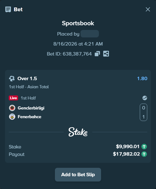 Bet slip: Genclerbirligi - Fenerbahce Istanbul, $10,000.00 stake at 1.80 odds, placed by Jackpoor