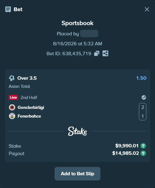 Bet slip: Genclerbirligi - Fenerbahce Istanbul, $10,000.00 stake at 1.50 odds, placed by Jackpoor