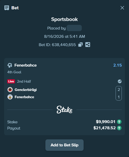 Bet slip: Genclerbirligi - Fenerbahce Istanbul, $10,000.00 stake at 2.15 odds, placed by ArdianHertica