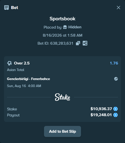Bet slip: Genclerbirligi - Fenerbahce Istanbul, $10,936.37 stake at 1.76 odds, placed by Hidden