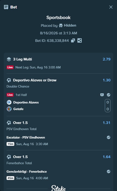 Bet slip: Genclerbirligi - Fenerbahce Istanbul, $14,904.27 stake at 1.64 odds, placed by Hidden