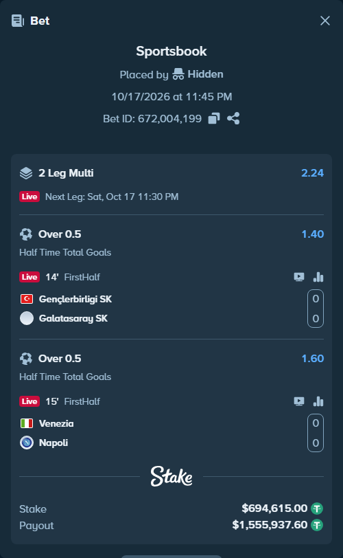 Bet slip: Genclerbirligi - Galatasaray Istanbul, $695,309.61 stake at 1.40 odds, placed by Hidden
