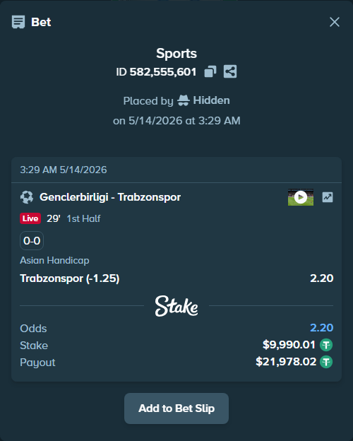 Bet slip: Genclerbirligi - Trabzonspor, $10,000.00 stake at 2.20 odds, placed by Hidden