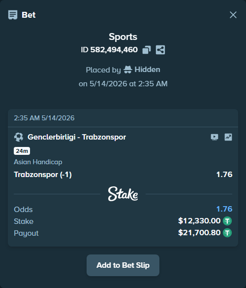 Bet slip: Genclerbirligi - Trabzonspor, $12,330.00 stake at 1.76 odds, placed by Hidden