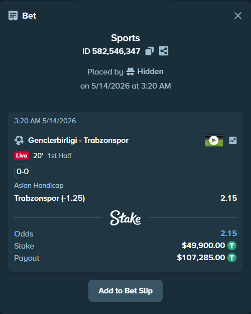 Bet slip: Genclerbirligi - Trabzonspor, $49,949.90 stake at 2.15 odds, placed by Hidden
