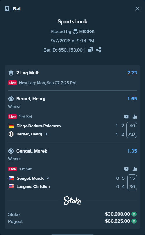 Bet slip: Gengel, Marek - Langmo, Christian, $30,000.00 stake at 1.35 odds, placed by Hidden