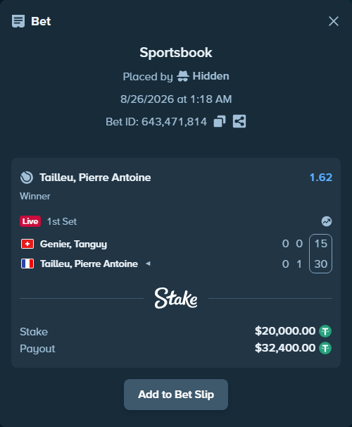 Bet slip: Genier, Tanguy - Tailleu, Pierre Antoine, $20,000.00 stake at 1.62 odds, placed by Hidden