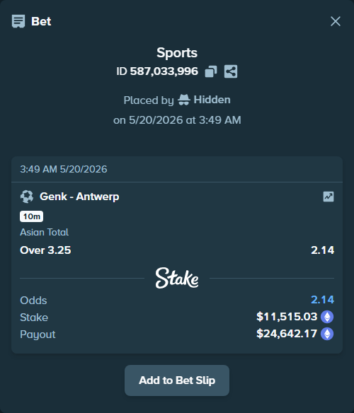 Bet slip: Genk - Antwerp, $9,433.13 stake at 2.14 odds, placed by Hidden