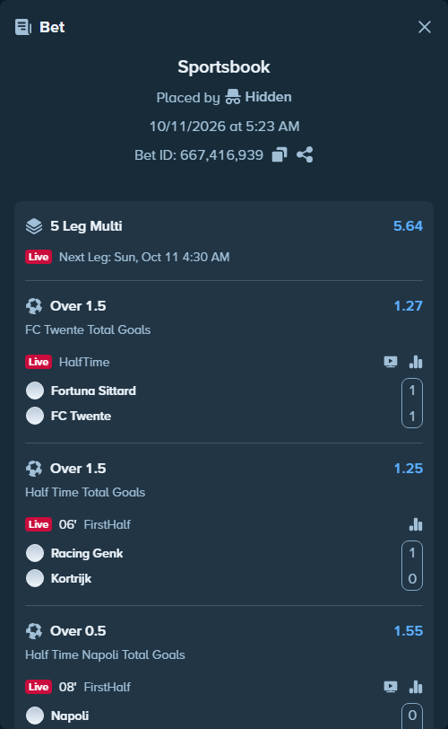 Bet slip: Genk - KV Kortrijk, $250,250.00 stake at 1.25 odds, placed by Hidden