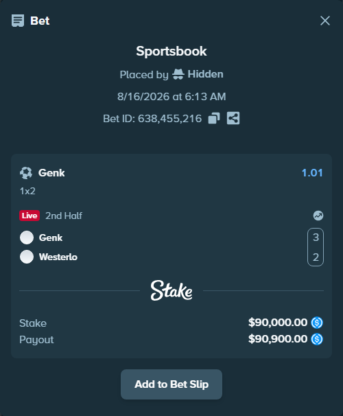 Bet slip: Genk - Westerlo, $90,000.00 stake at 1.01 odds, placed by Hidden