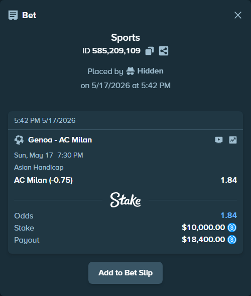 Bet slip: Genoa - AC Milan, $10,000.00 stake at 1.84 odds, placed by Hidden
