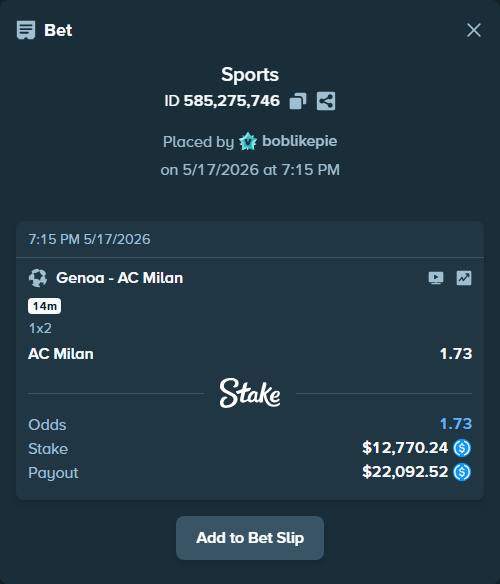 Bet slip: Genoa - AC Milan, $12,770.24 stake at 1.73 odds, placed by boblikepie