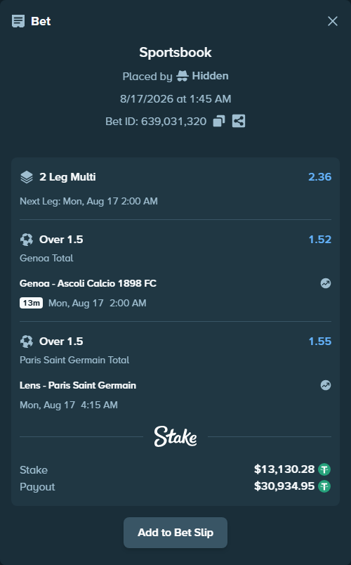 Bet slip: Genoa - Ascoli Calcio 1898, $13,143.41 stake at 1.52 odds, placed by Hidden