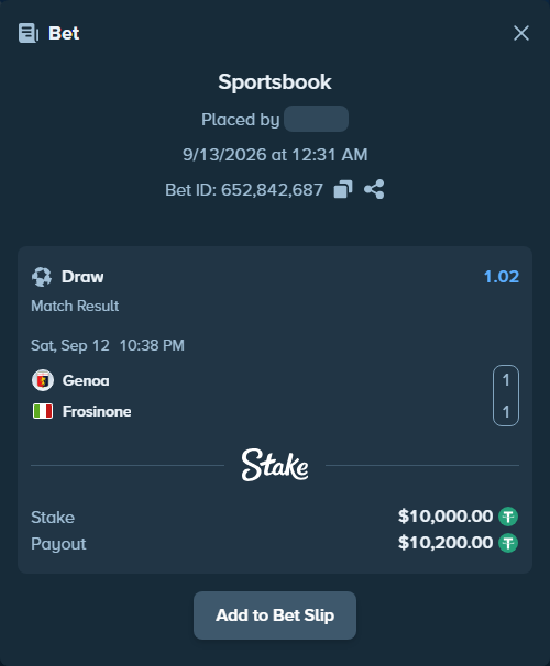 Bet slip: Genoa - Frosinone, $10,000.00 stake at 1.02 odds, placed by ChelseaPadel