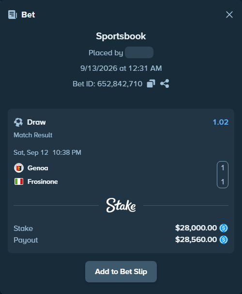 Bet slip: Genoa - Frosinone, $28,000.00 stake at 1.02 odds, placed by petterblom
