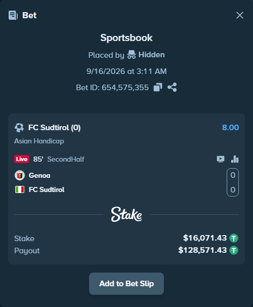 Bet slip: Genoa - Sudtirol, $16,087.50 stake at 8.00 odds, placed by Hidden