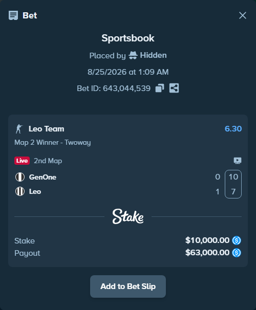 Bet slip: GenOne - Leo Team, $10,000.00 stake at 6.30 odds, placed by Hidden