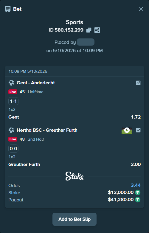 Bet slip: Gent - Anderlecht, $12,000.00 stake at 1.72 odds, placed by ArdianHertica