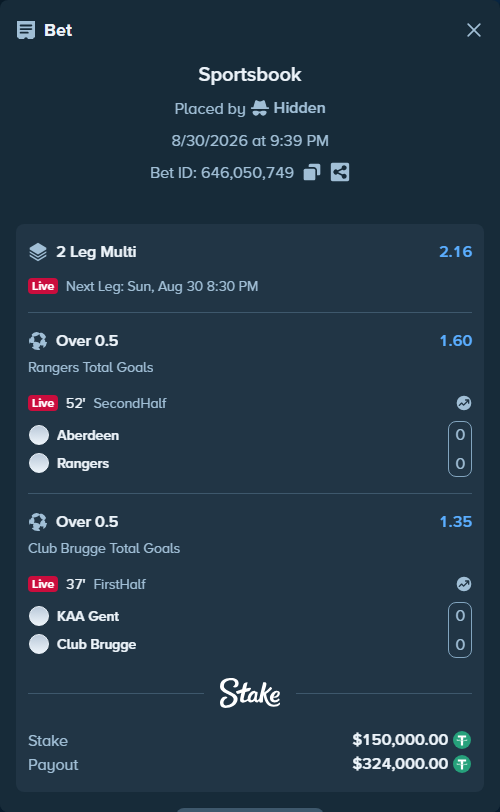 Bet slip: Gent - Club Brugge, $150,000.00 stake at 1.35 odds, placed by Hidden