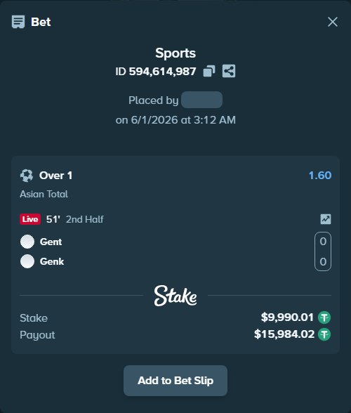 Bet slip: Gent - Genk, $10,000.00 stake at 1.60 odds, placed by rmaghsdudthd