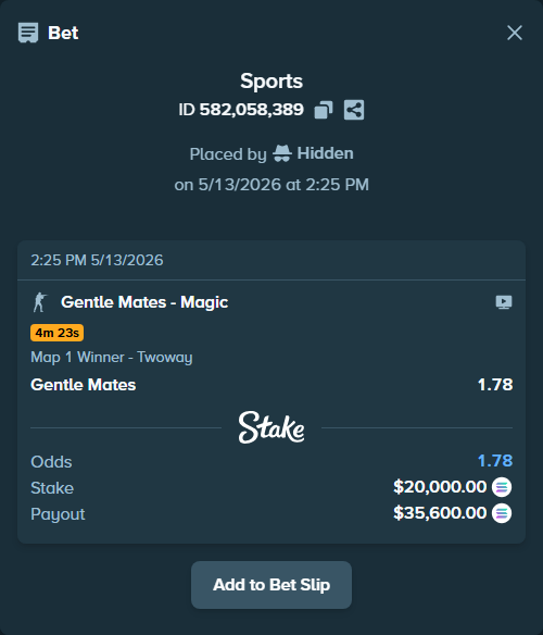 Bet slip: Gentle Mates - Magic, $15,296.70 stake at 1.78 odds, placed by Hidden