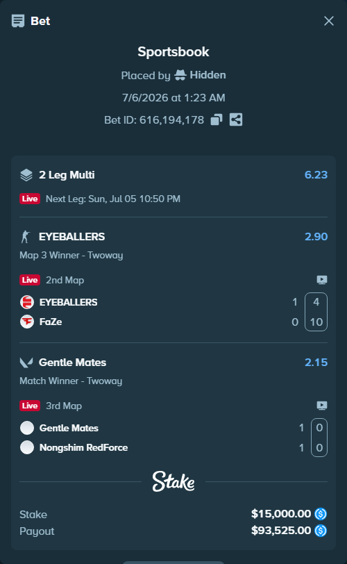 Bet slip: Gentle Mates - Nongshim RedForce, $15,000.00 stake at 2.15 odds, placed by Hidden