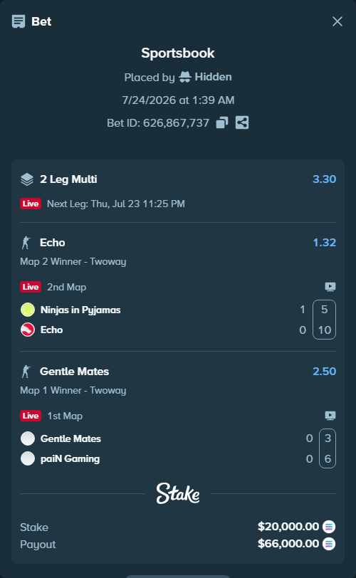 Bet slip: Gentle Mates - paiN Gaming, $19,039.54 stake at 2.50 odds, placed by Hidden