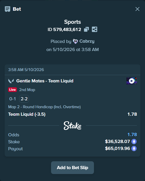 Bet slip: Gentle Mates - Team Liquid, $27,182.97 stake at 1.78 odds, placed by Cabrzy
