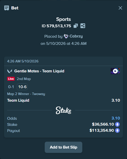 Bet slip: Gentle Mates - Team Liquid, $27,204.93 stake at 3.10 odds, placed by Cabrzy