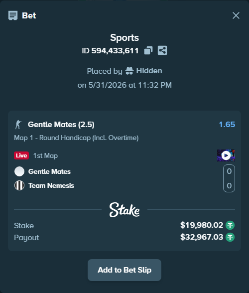 Bet slip: Gentle Mates - Team Nemesis, $20,000.00 stake at 1.65 odds, placed by Hidden
