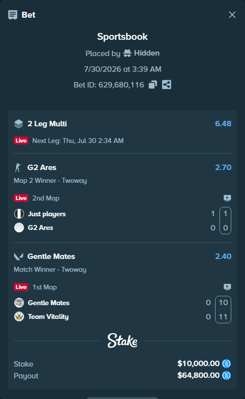 Bet slip: Gentle Mates - Team Vitality, $10,000.00 stake at 2.40 odds, placed by Hidden