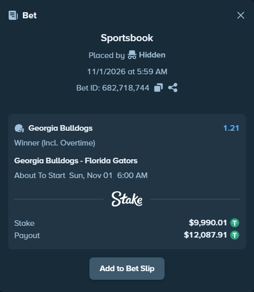 Bet slip: Georgia Bulldogs - Florida Gators, $10,000.00 stake at 1.21 odds, placed by Hidden
