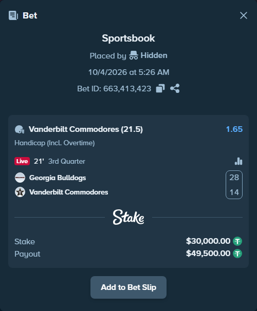 Bet slip: Georgia Bulldogs - Vanderbilt Commodores, $30,000.00 stake at 1.65 odds, placed by Hidden