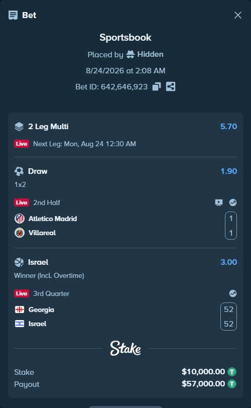 Bet slip: Georgia - Israel, $10,000.00 stake at 3.00 odds, placed by Hidden