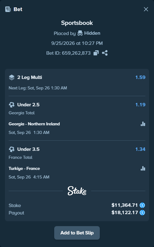 Bet slip: Georgia - Northern Ireland, $11,364.71 stake at 1.19 odds, placed by Adrenaline77