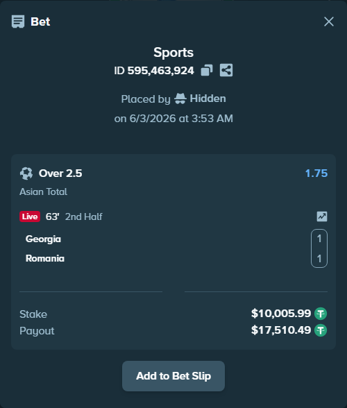 Bet slip: Georgia - Romania, $10,016.00 stake at 1.75 odds, placed by youssefsadik