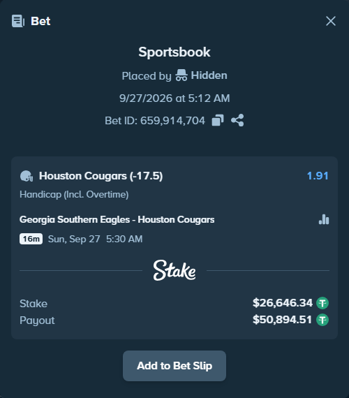 Bet slip: Georgia Southern Eagles - Houston Cougars, $26,646.34 stake at 1.91 odds, placed by dvento