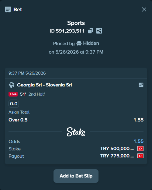 Bet slip: Georgia Srl - Slovenia Srl, $15,000.00 stake at 1.55 odds, placed by Hidden